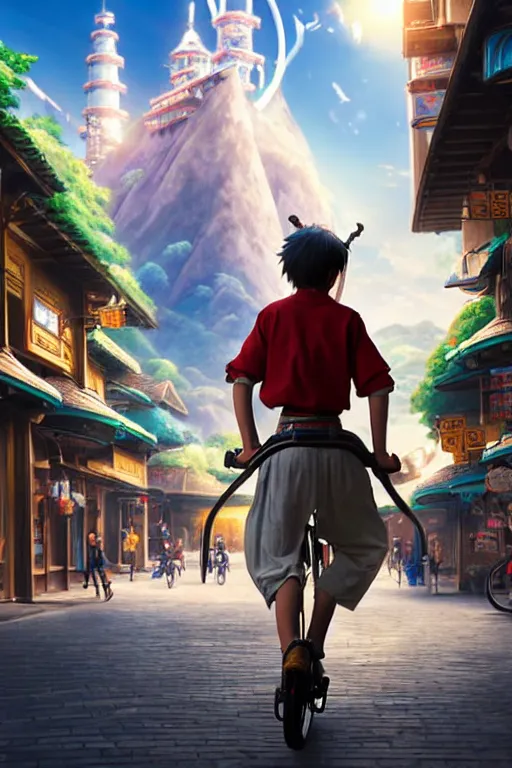 Image similar to ultra detailed keyart of sci - fy movie, a boy carrying a sword in his back is riding a simple bycycle in the main street of isekai shinjuku