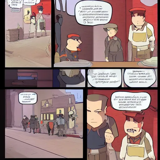 Prompt: Team Fortress 2 comic panel set in the style of a Studio Ghibli film