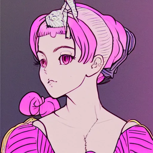 Prompt: beautiful pink little girl, profile picture, vintage fashion, highly detailed, reflection, 8 k, realistic artwork, hd, inspired by jojo bizarre adventure, 9 0 s anime art style