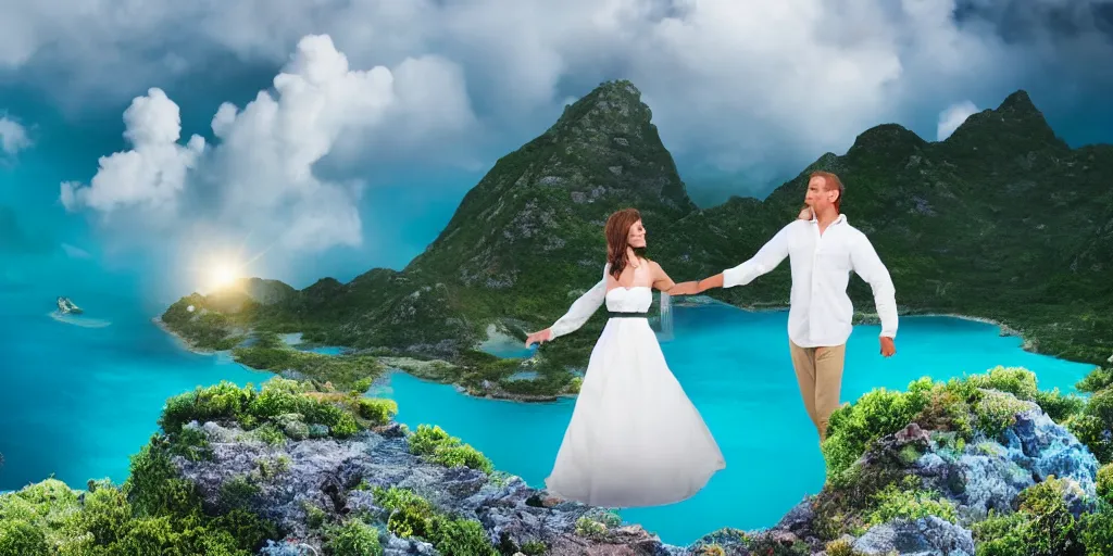 Image similar to a beautiful couple holding their hands on a cloud high above emerald lagoon of Sint-Marteen with a speaker with visible music coming from, mattepainting concept Blizzard, teal and orange tone, beautiful and breathtaking