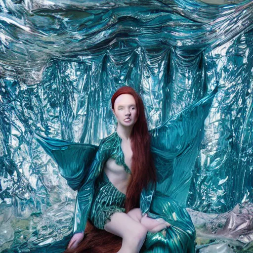 Prompt: a portrait of ariel the little mermaid with background scenery by juergen teller, iris van herpen