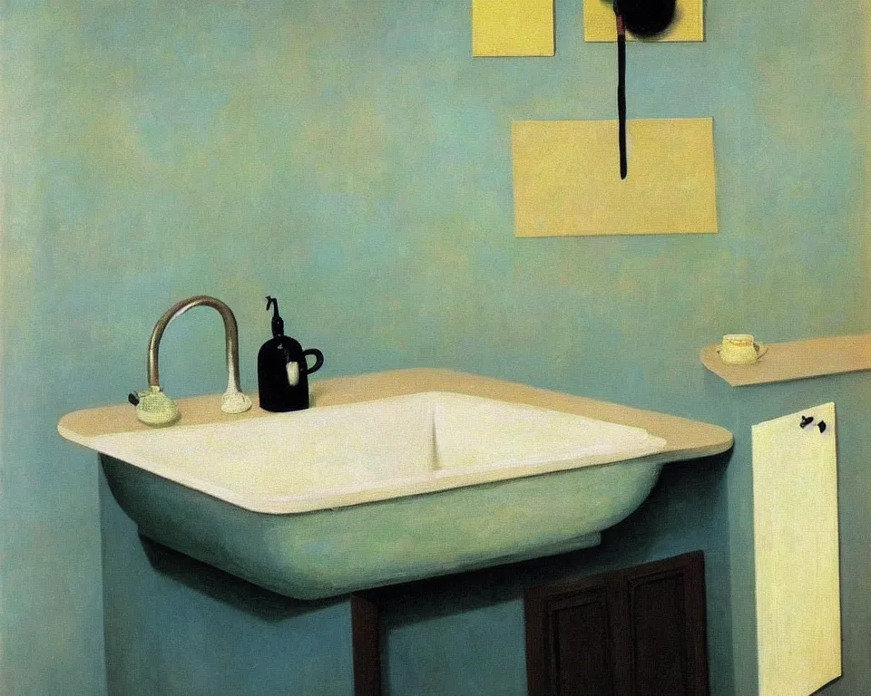 Image similar to achingly beautiful painting of a sophisticated, well - decorated kitchen sink by rene magritte, monet, and turner. whimsical.