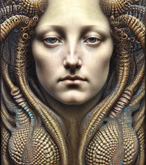 Image similar to detailed realistic beautiful patina goddess face portrait by jean delville, gustave dore, iris van herpen and marco mazzoni, art forms of nature by ernst haeckel, art nouveau, symbolist, visionary, gothic, neo - gothic, pre - raphaelite, fractal lace, intricate alien botanicals, biodiversity, surreality, hyperdetailed ultrasharp octane render