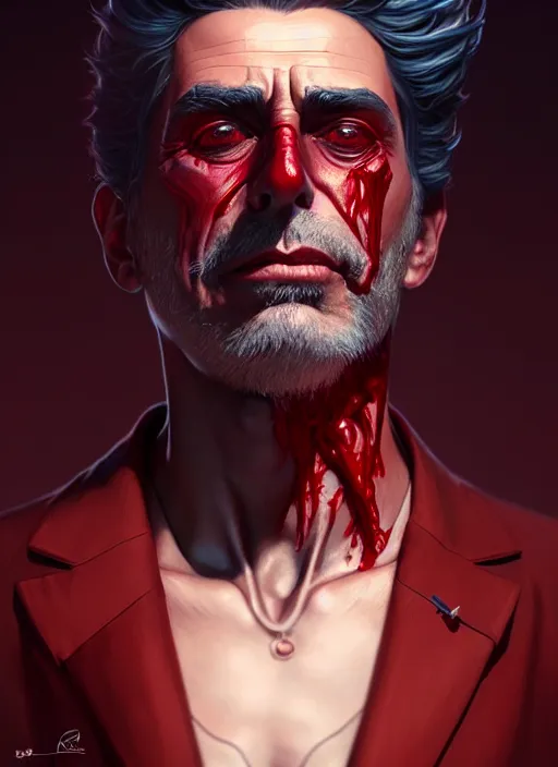 Image similar to ultra realistic illustration, handsome rick sanchez. dark red, blood, intricate, highly detailed, digital painting, artstation, concept art, smooth, sharp focus, illustration, art by artgerm and greg rutkowski and alphonse mucha and wlop