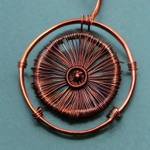 Image similar to a beautiful circular copper wire amulet, made from dirt and sand.