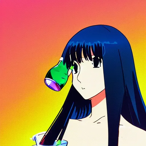 Prompt: beautiful woman drinking straight from liquor bottle, sprite, vaporwave nostalgia, directed by beat takeshi, visual novel cg, 8 0 s anime vibe, kimagure orange road, maison ikkoku, sketch by da vinci