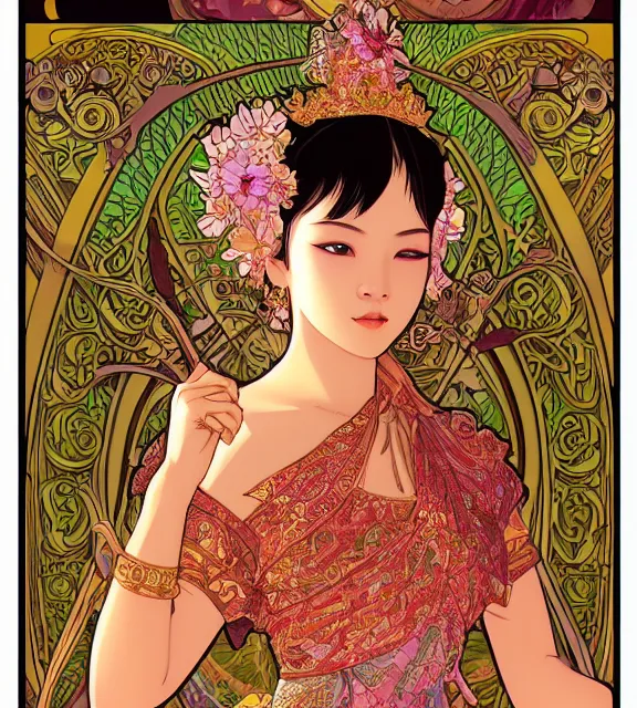 Image similar to beautiful and detailed digital illustration of thai rice princess by kittichai rueangchaichan and Ilya Kuvshinov, floralpunk, Artstation, art nouveau aesthetic, Alphonse Mucha background, intricate details,