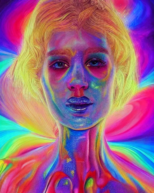 Image similar to realistic portrait of celestial being in silky clothes, psychedelic, light, glory, golden, delicate, hyper realism, ultra realistic, 8 k