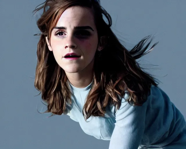 Prompt: color photo of a flying emma watson