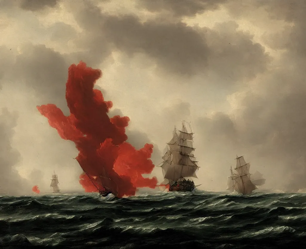 Prompt: ''lonely 18th century sail ship on the red ocean, dramatic, romantic era painting, moody, mist, mysterious''
