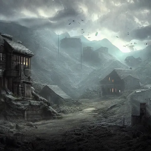 Prompt: nice comfy house in a large dystopian dark fantasy landscape, beautiful mountains, highly detailed, nice lighting, cinematic