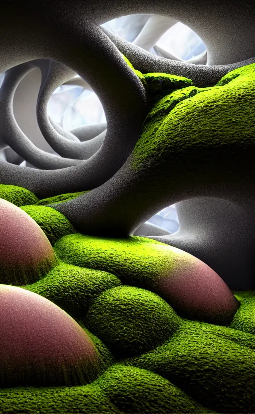 Image similar to highly detailed ultra sharp 3 d render cinematic composition of a smooth ceramic porcelain biomorphic magnolia stone nebula fluid fractal sci - fi surreal architecture landscape, granite, metallic, magnesium, marble, moss and lichen, vincent callebaut composition, mamou - mani, archviz, beautiful lighting, 8 k, unreal engine, hdr,