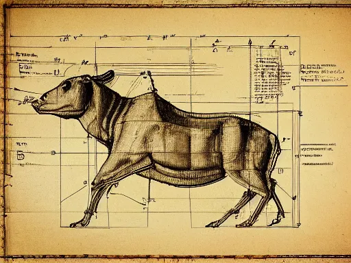 Image similar to blueprint technical drawing of a steak, schematic, sepia, old paper, art by da vinci