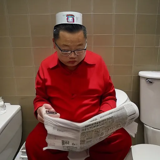 Image similar to Li Xin Jinping sitting on the toilet reading news paper, realistic detailed photography