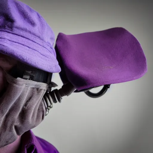 Prompt: a man wearing a purple plumber's attire, a purple cap, and a soviet gasmask, movie still, professional portrait photography, 8 k