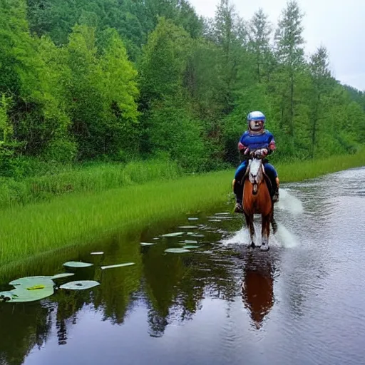 Prompt: a photo of an astronaut riding a horse in the forest. there is a river in front of them with water lilies.