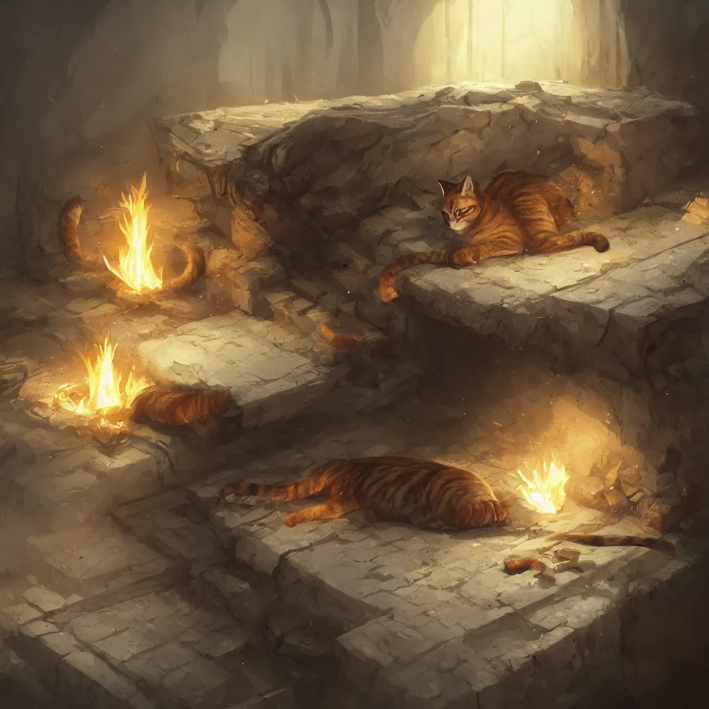 Image similar to cat laying on bed in under ground base, concept art, by greg rutkowski, fire, ice