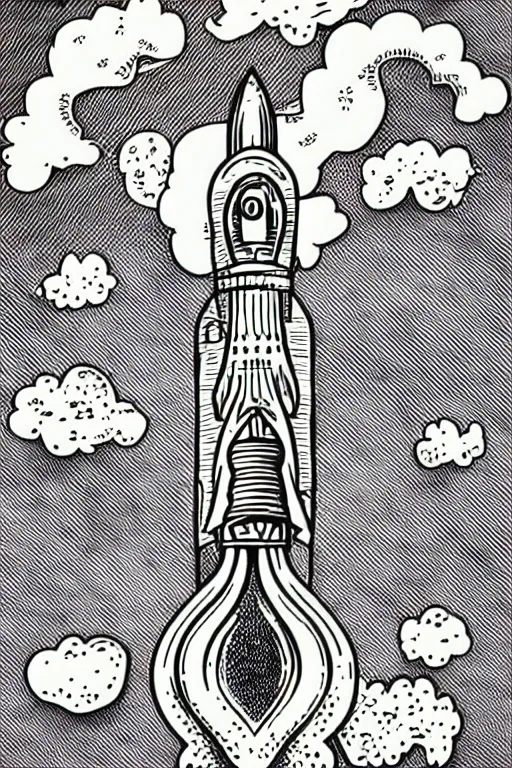 Prompt: mcbess illustration of a rocket ship with rainbow colors