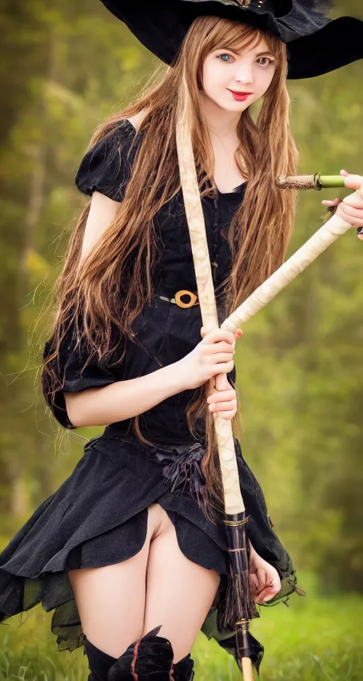 Prompt: young witch with magic wand and broom cosplay, she wears boots, full body shot, detailed face, photo taken by nikon, 4k, high quality, very detailed, intricant