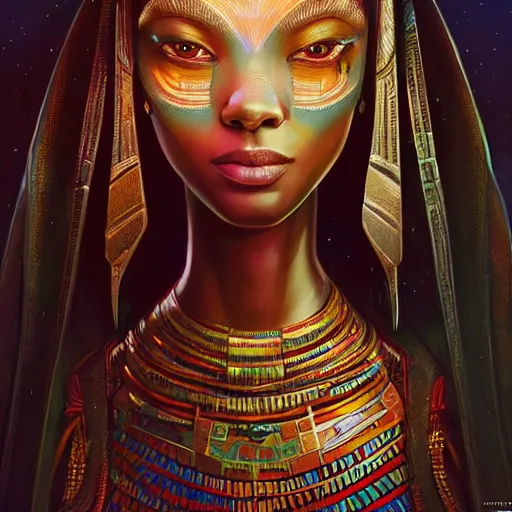 Image similar to highly detailed portrait of an african egyptian goddess, intricate alien technology, stephen bliss, unreal engine, fantasy art by greg rutkowski, loish, rhads, ferdinand knab, makoto shinkai and lois van baarle, ilya kuvshinov, rossdraws, tom bagshaw, global illumination, radiant light, detailed and intricate environment