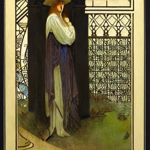 Image similar to A girl with on the front of a Balustrade porch with a hedge maze on the background, major arcana occult clothes, by paul delaroche, alphonse mucha and arnold böcklin arnold böcklin hyperrealistic 8k, very detailed