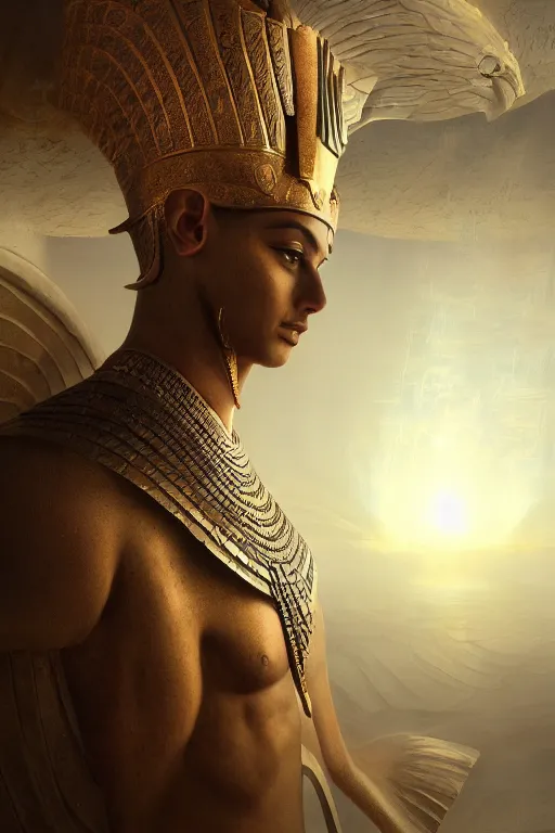 Image similar to portrait of an egyptian god, fantasy ,volumetric lighting, intricate, elegant, hyperdetailed 3d matte painting, highly detailed, digital painting, artstation, smooth, sharp focus, illustration, art by Makoto Shinkai and artgerm, hyperrealism, hyperrealistic, cinematic masterpiece, fantasy style 8k ultrahd octane render