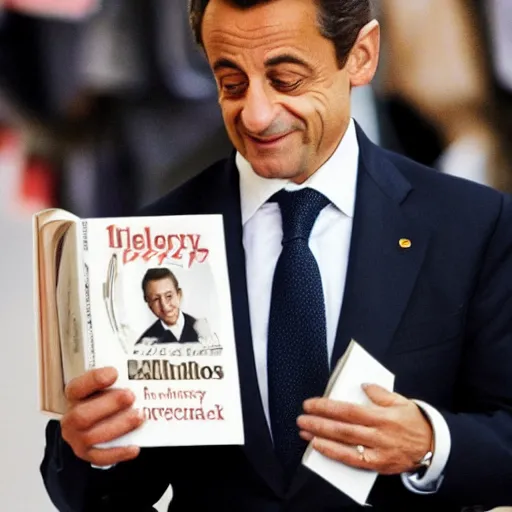 Image similar to photo of Nicolas Sarkozy showing a book