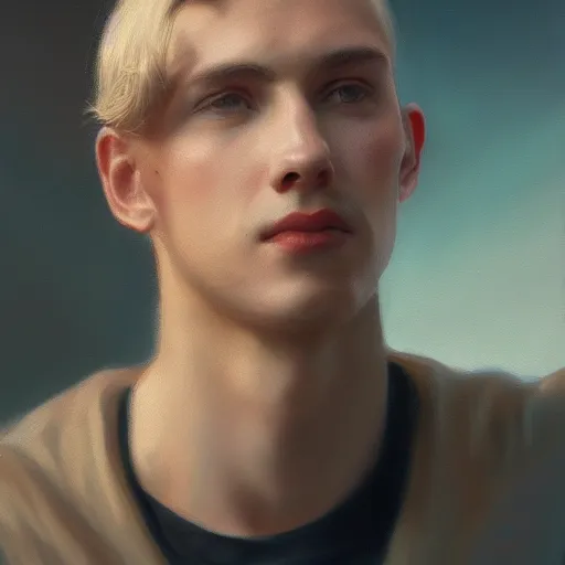 Prompt: a beautiful man, aesthetic, oil painting, pale colors, high detail, 8 k, wide angle, octane render, trending on artstation,