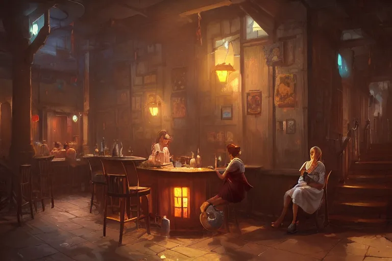 Prompt: a lone patron nurses a drink at a d & d tavern, by greg rutkowski and anna podedworna, artstation