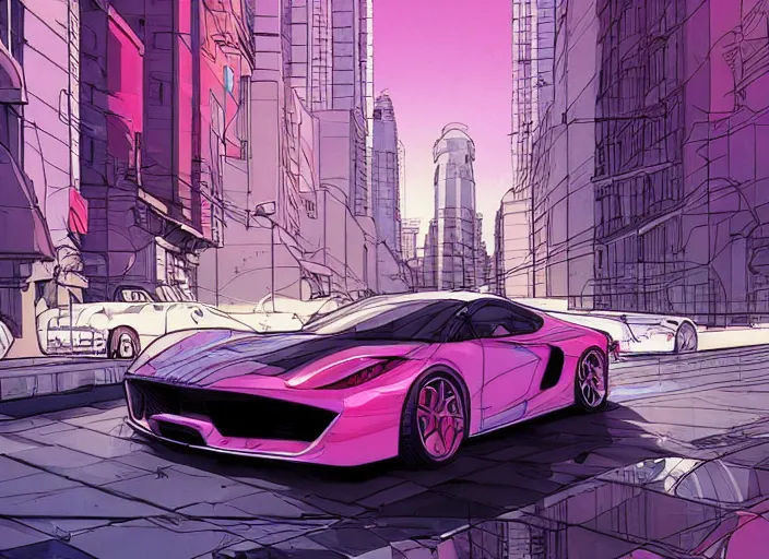 Image similar to a sport car in a city, sharp focus. cinematic pose, cinematic lighting, art by josan gonzales and moebius and deathburger.