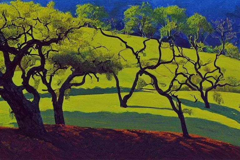 Image similar to masterpiece painting of oak trees on a hillside overlooking a creek, dramatic lighting, by wayne thiebaud