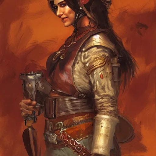 Prompt: a medieval hunter woman with indian ethnicity, cheeky smile, umber color scheme, fantasy character portrait by gaston bussiere, craig mullins