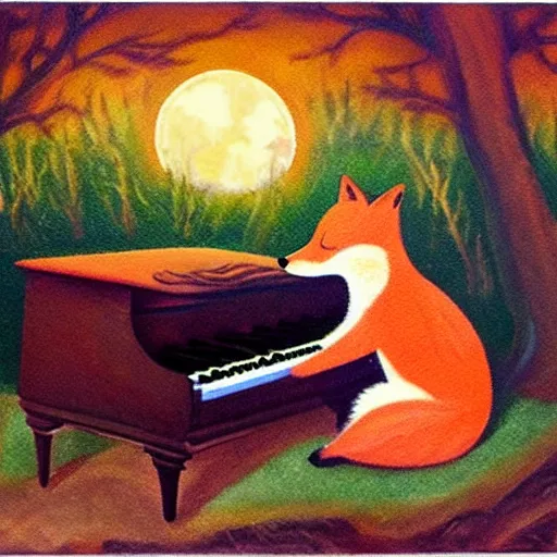 Image similar to A fox playing the piano in a meadow in the forest during the night under the moonlight, children’s book oil painting