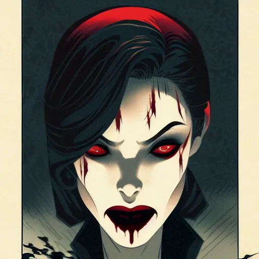 Image similar to beautiful vampire queen with fangs, symmetrical face, evil, portrait, cinematic, dramatic, powerful, super detailed and intricate, by koson ohara, by darwyn cooke, by greg rutkowski, by satoshi kon