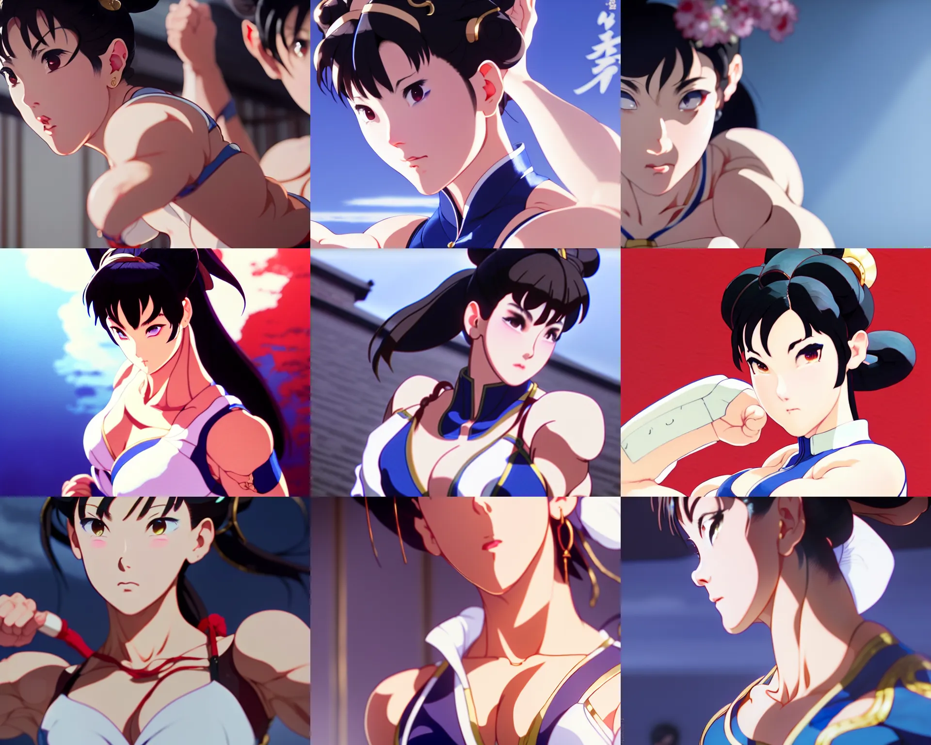 Prompt: a film still portrait of a confident chun li, finely detailed features, closeup at the faces, perfect art, at the gymnasium, gapmoe yandere grimdark, trending on pixiv fanbox, painted by greg rutkowski makoto shinkai takashi takeuchi studio ghibli, akihiko yoshida