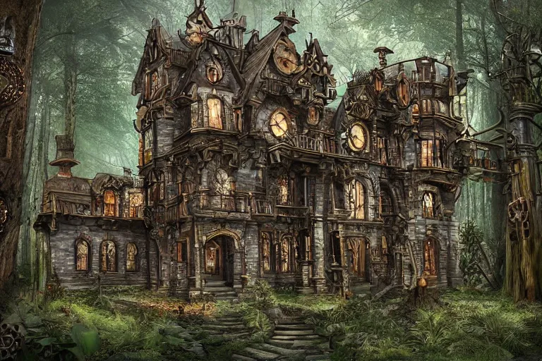 Prompt: photograph of a fantasy style woodland steampunk mansion with clockwork mechanic doors in an ancient forest