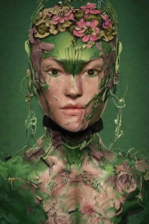 Image similar to portrait of beautiful young mainem, warhammer, japaneese style, cyber armor, a lot of more scars, more and more flowers, green head, the middle ages, highly detailed, artstation, illustration, art by rene magritte, 8 k quality