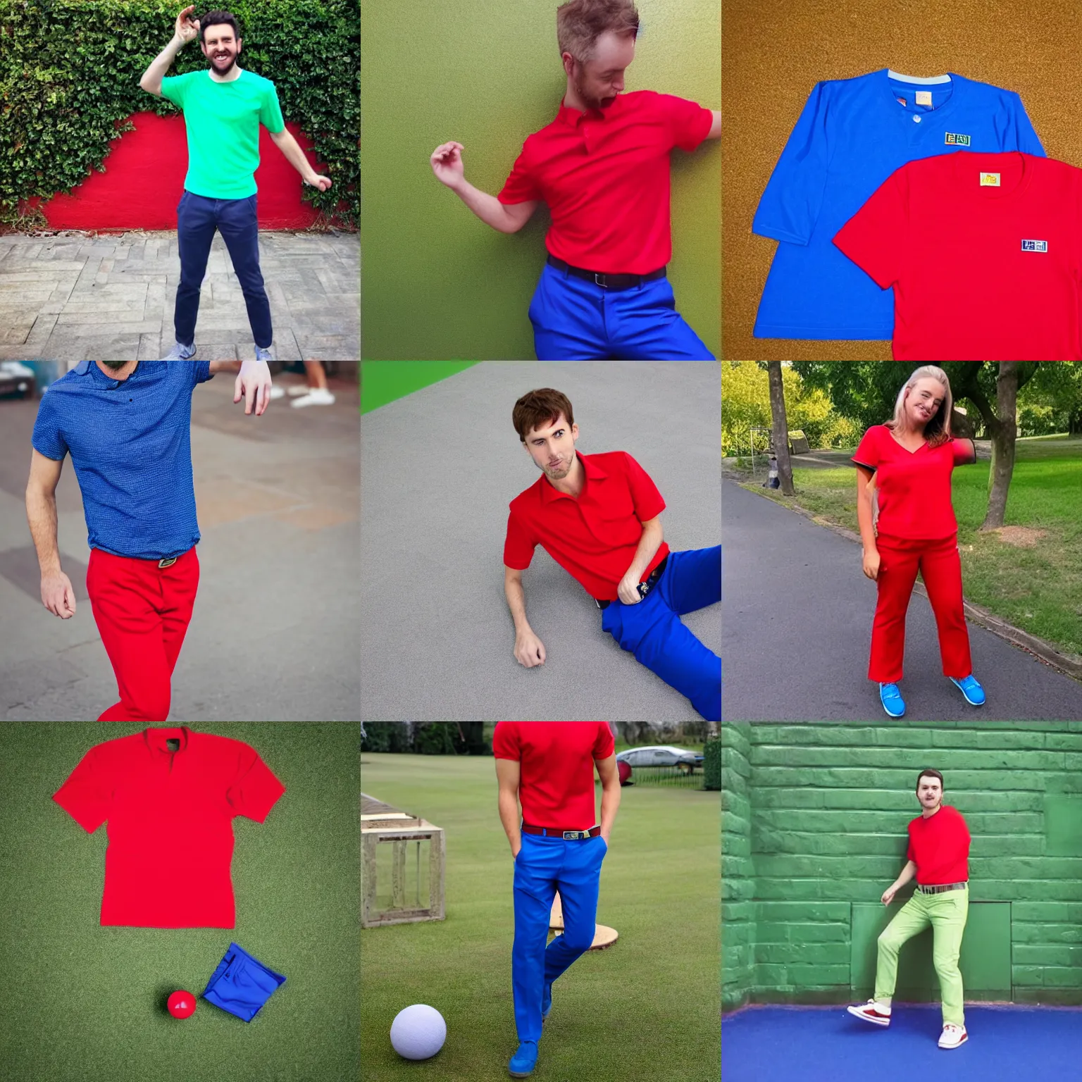 Prompt: a red! shirt!, blue! trousers!, a green! ball!