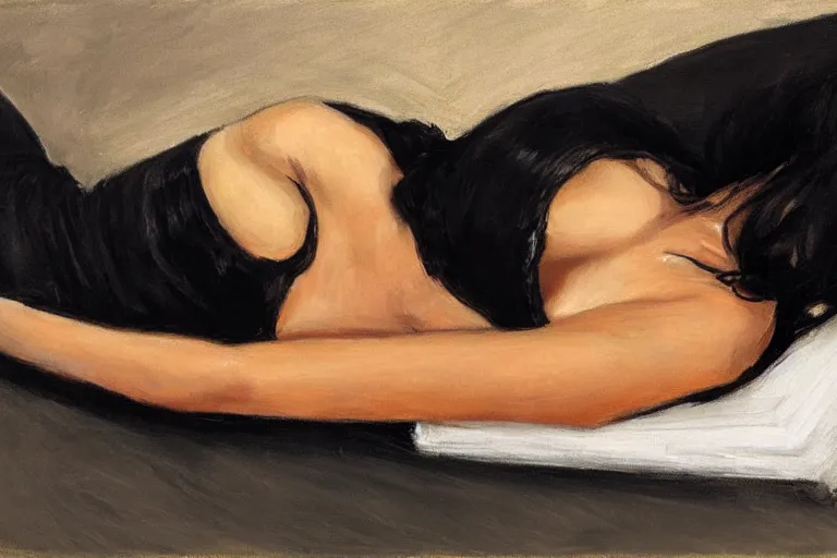 Image similar to Ground Level Shot, long shot of a beautiful dark haired woman wearing a black dress, laying on her back on a bed. by fabian perez