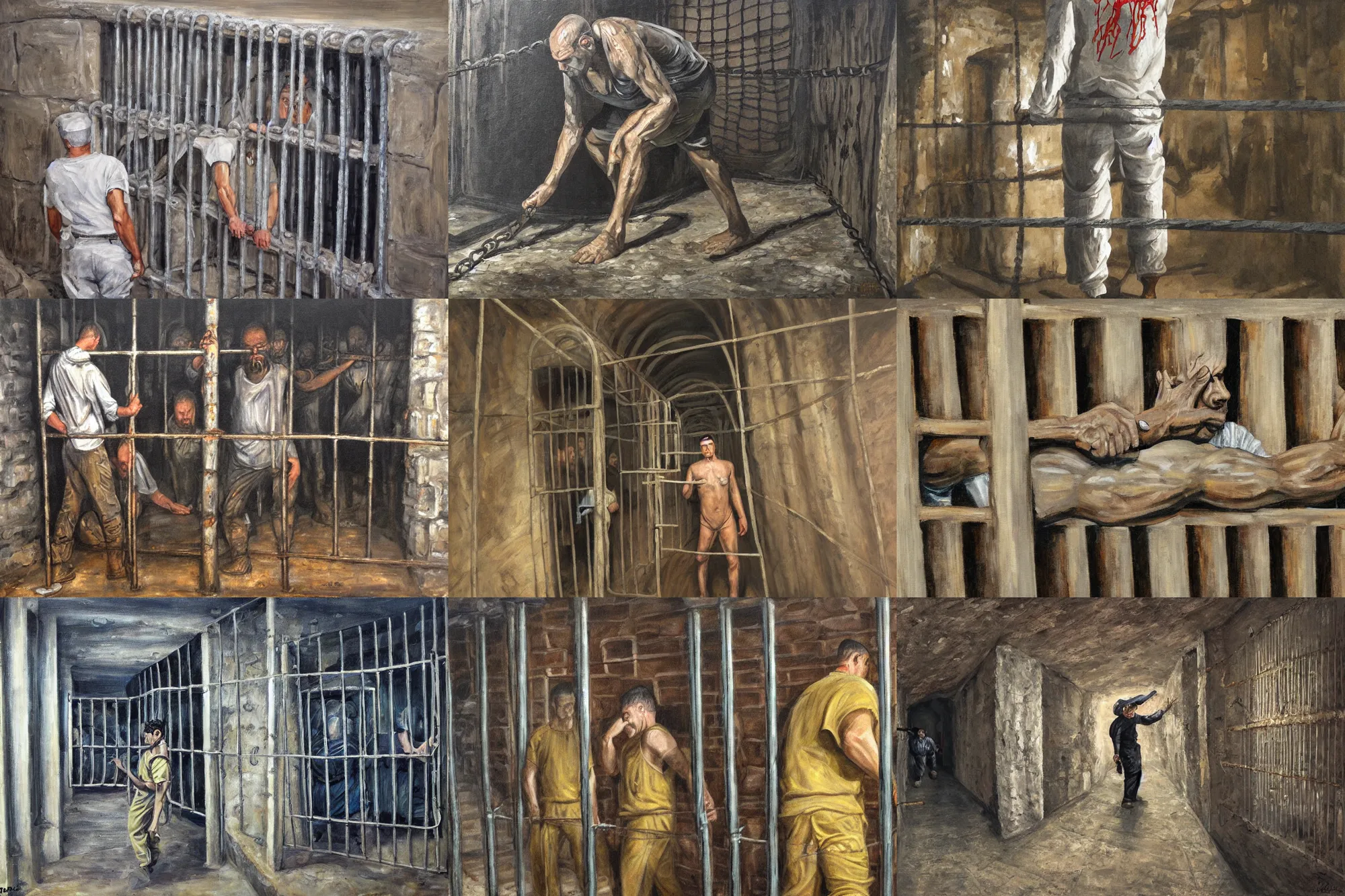 Image similar to ultra wide full length painting of a prisoner holding prison bars, cave prison, highly detailed, high resolution, oil in canvas