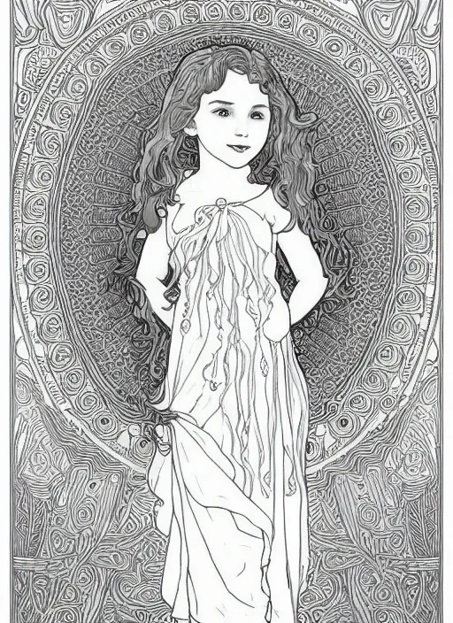 Image similar to clean simple line art of a little girl with wavy curly hair and a blank background. well composed, clean coloring book page, beautiful detailed face. coloring book line art by greg rutkowski and johanna basford and alphonse mucha