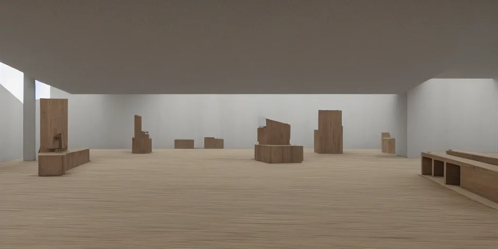 Image similar to a coloured 3 d octane model of a brutalism art gallery with wooden floor, highly detailed in the style of tim eitel