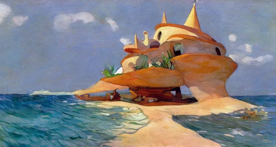 Image similar to seashell - shaped house, by moebius, joaquin sorolla, in the style of zelda windwaker