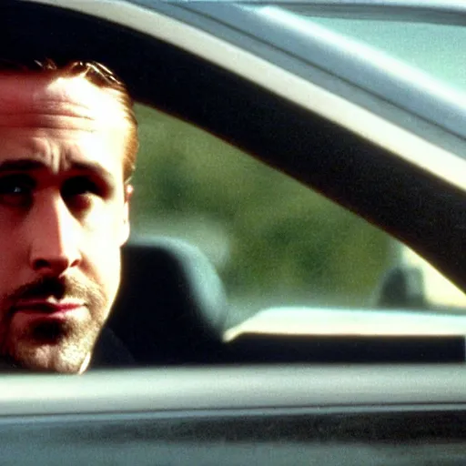 Image similar to ryan gosling driving a mustang, in american psycho ( 1 9 9 9 )