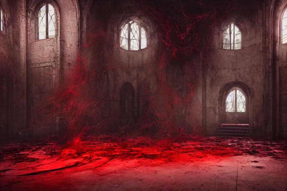 Prompt: Paranormal Activity In A Futuristic Satanic Chamber In An Abandoned Church In Rome With Black Hooded Characters Around A Dark Pagan Symbol Made of Red Fluid, photorealistic, volumetric lighting, hyperrealistic, octane render, HDR, photorealistic, bokeh