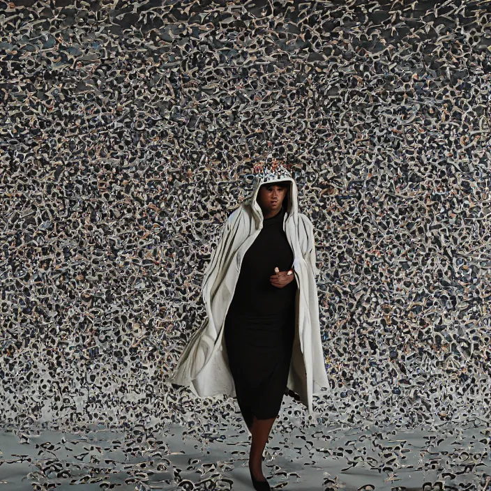 Image similar to a woman wearing a hood made of birds, in an abandoned office building, by helen warner, canon eos c 3 0 0, ƒ 1. 8, 3 5 mm, 8 k, medium - format print