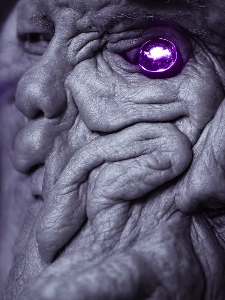 Image similar to an ultra wide fish eye close up portrait photo of an old man with a purple floodlight shined on him, 4 k, 8 k, ultra hd, photorealistic.