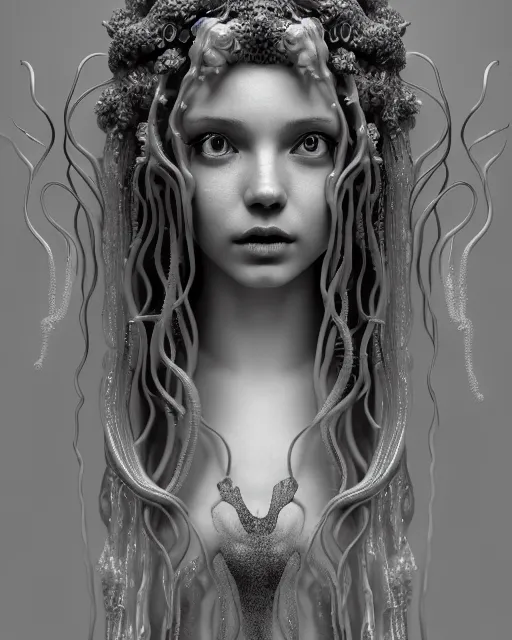 Image similar to mythical dreamy underwater artistic black and white 3 d render of a translucent beautiful young female angelic - medusa - vegetal - doll, highly detailed, intricate crystal ivy jelly ornate, poetic, translucent algae ornate, digital art, octane render, 8 k artistic photography, photo - realistic, hg giger flora borsi