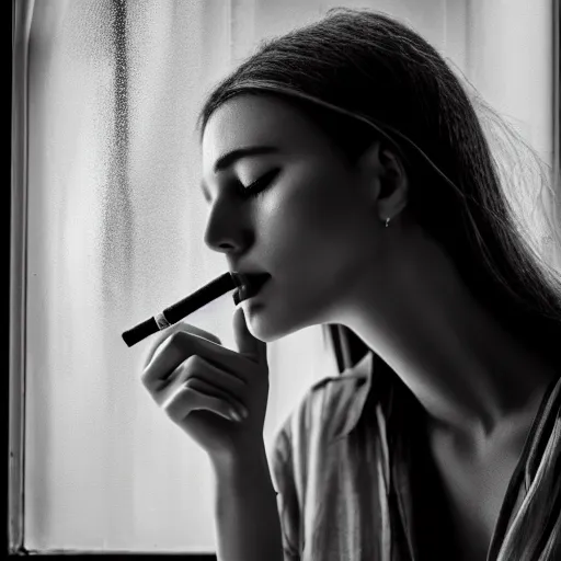 Prompt: black and white photography of highly detailed beautiful depressed Woman with detailed face in the heroine chique style standing by the window and smoking a cigarette with beautiful hand Rendered in Blender and Octane Render volumetric natural light