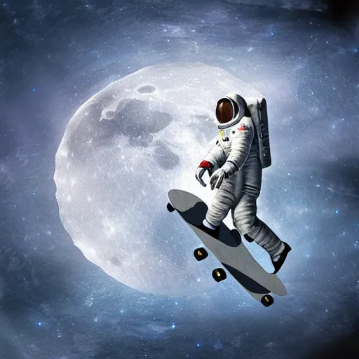 Image similar to an astronaut is skateboarding on the moon digital art